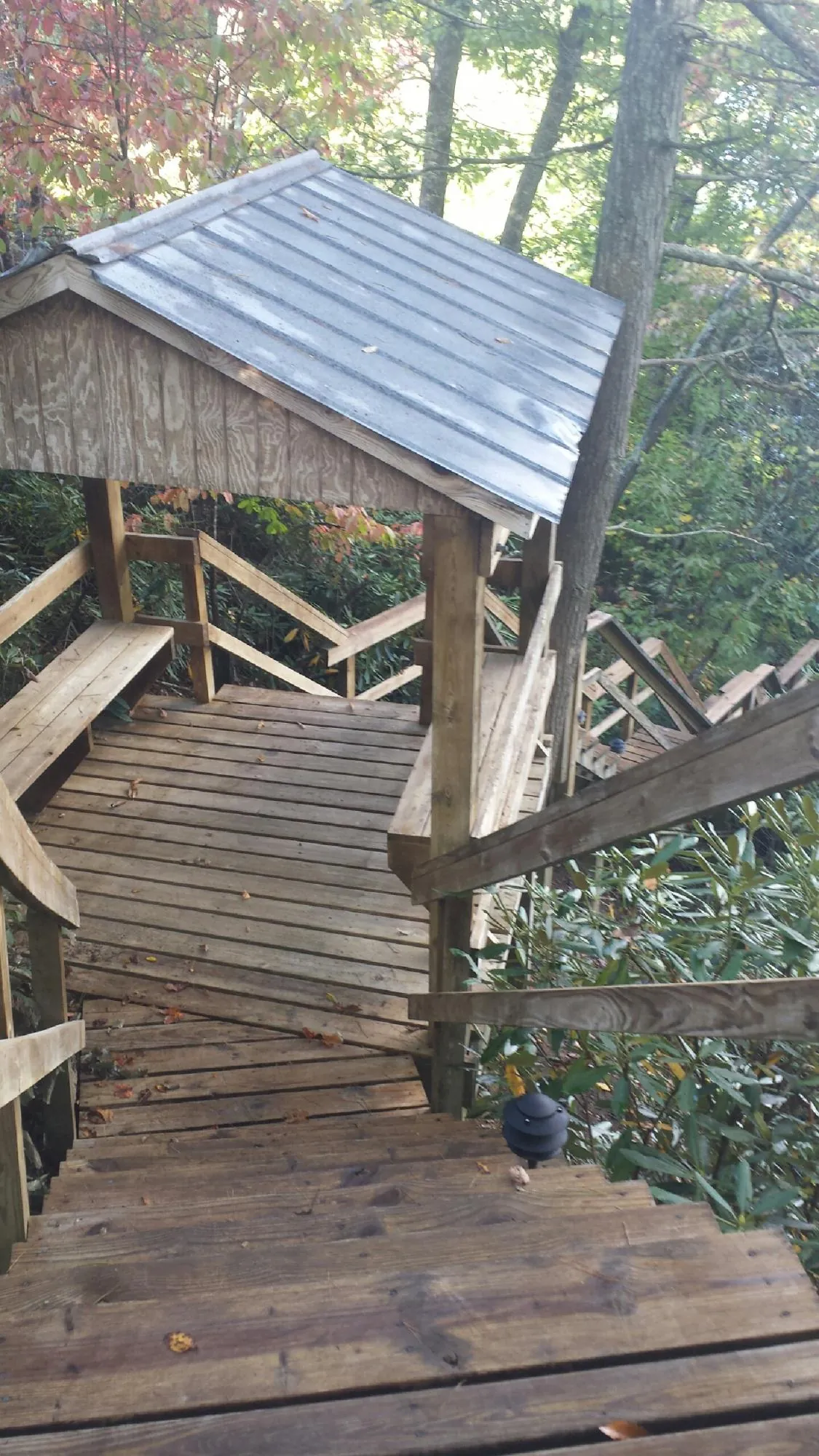 Metal roofed shelter over wooden steps on a wooded walkway — Skylight Repair & Installation work by our crew in Terre Haute